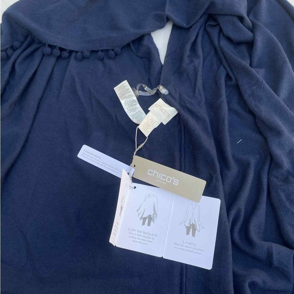 Chico's Deep Blue Poncho with Pom Pom Detail - Picture 3 of 4
